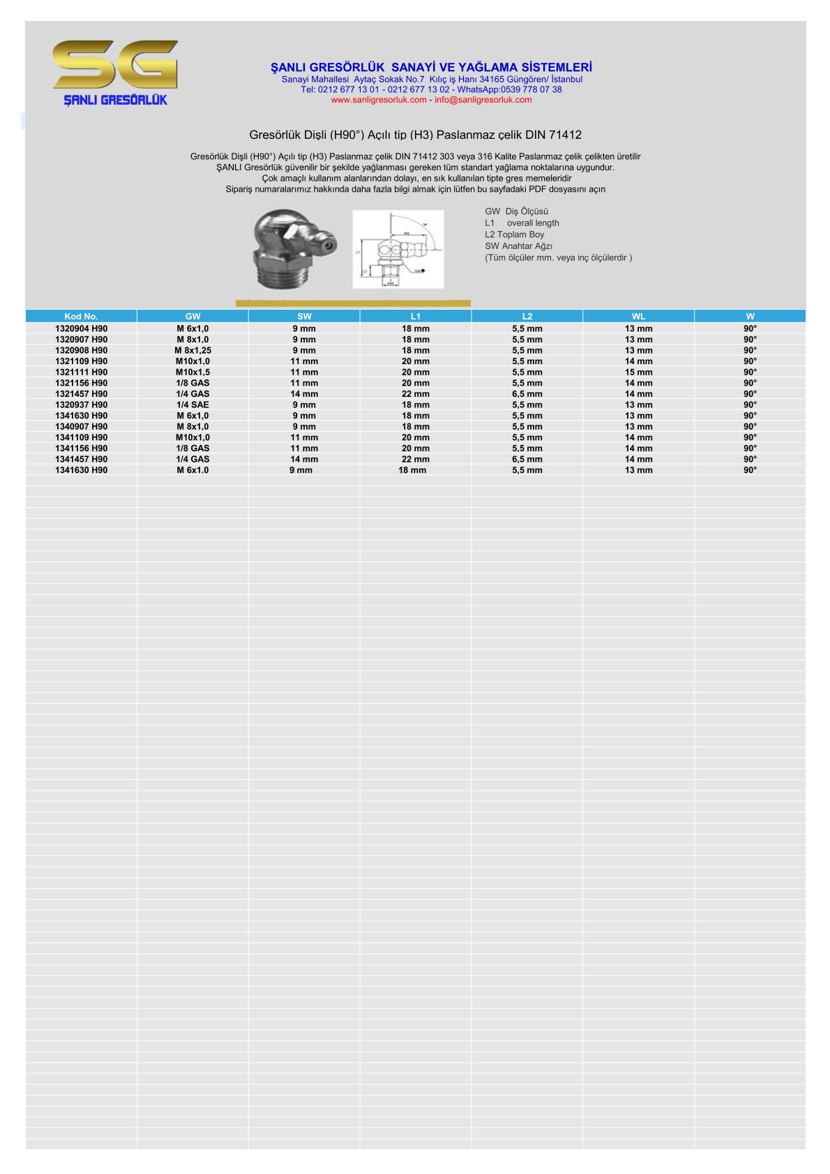 Gresörlük Dişli (H90°) Açılı tip (H3) Paslanmaz çelik DIN 71412