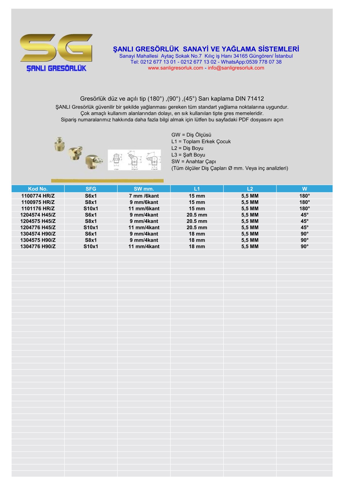 Gresörlük düz ve açılı tip (180°) ,(90°) ,(45°) Sarı kaplama DIN 71412