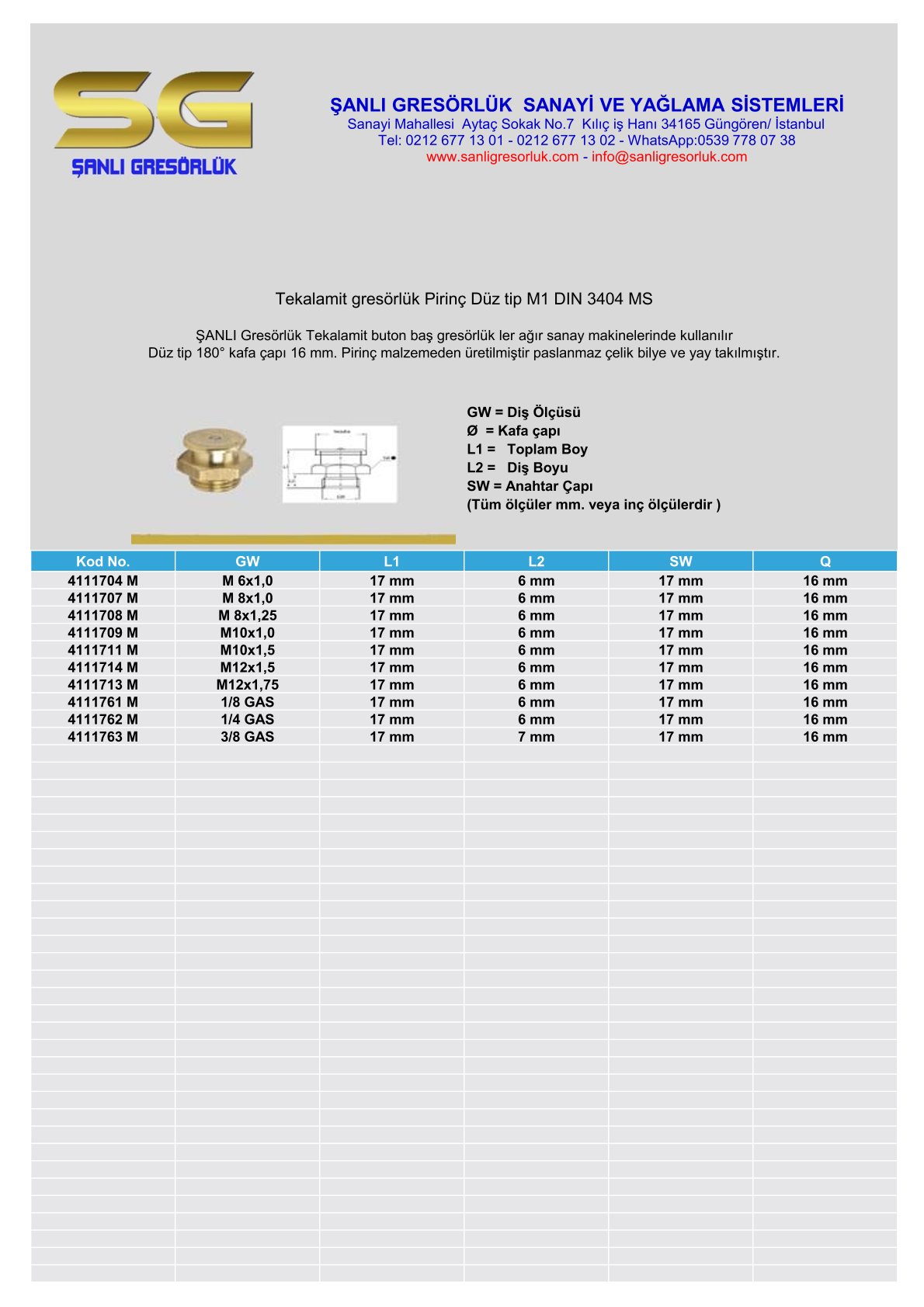 Gresörlük Tekalamit Buton Baş Dişli Pirinç M1 Din 3404