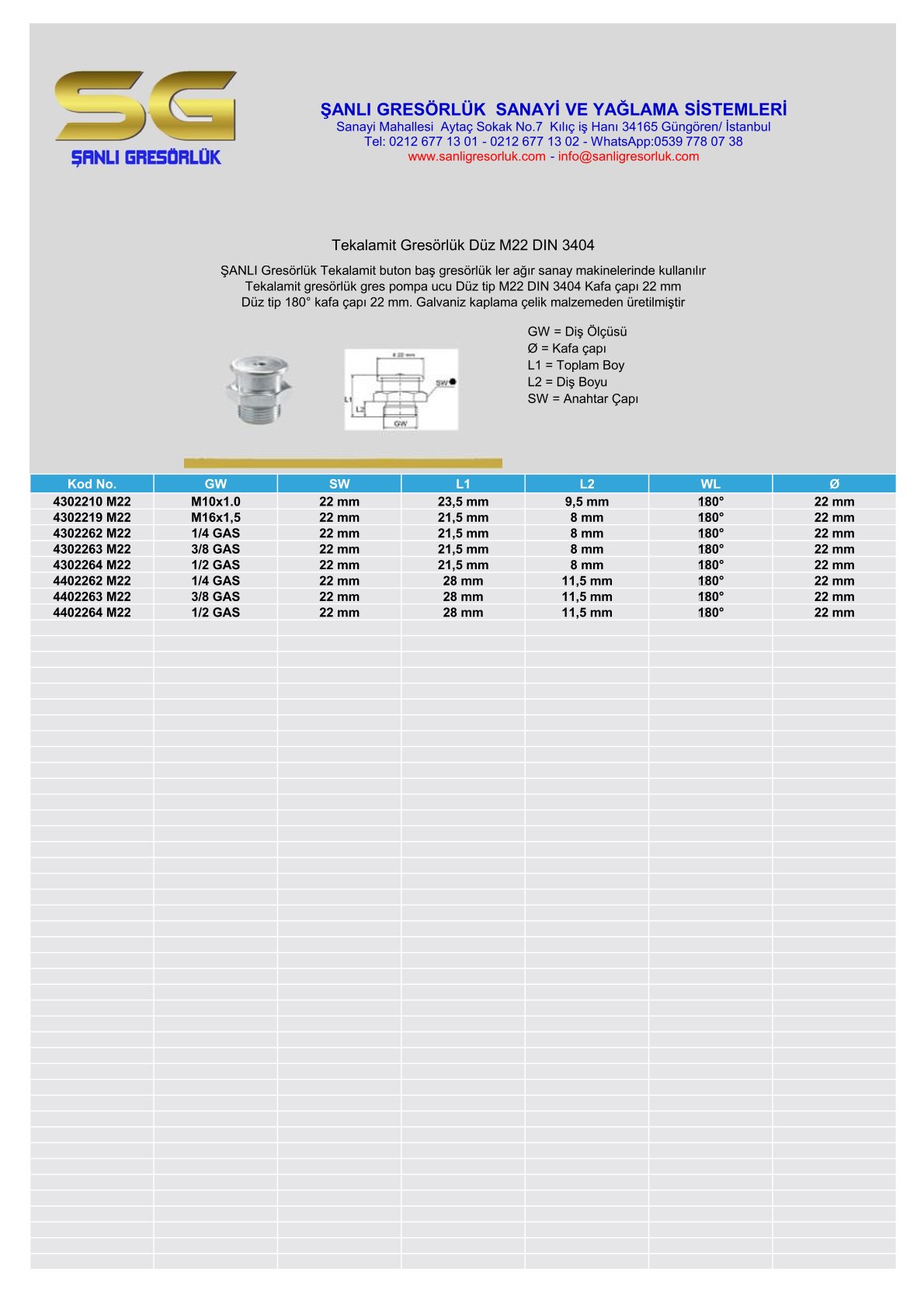 Gresörlük Tekalamit Buton Baş Dişli Galvaniz M22 Din 3404