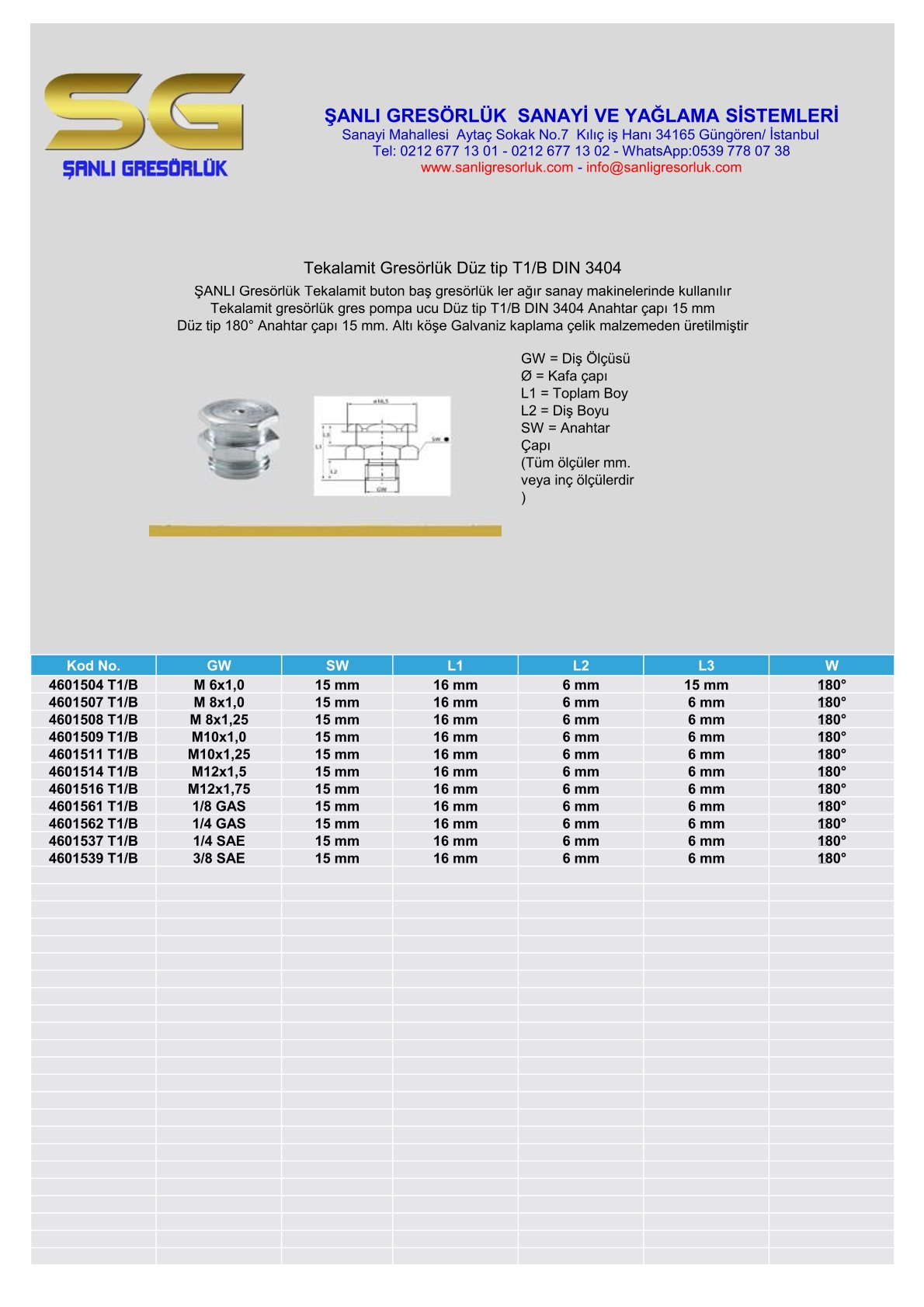 Gresörlük Tekalamit Buton Baş Dişli Galvaniz  T1/B Din 3404 