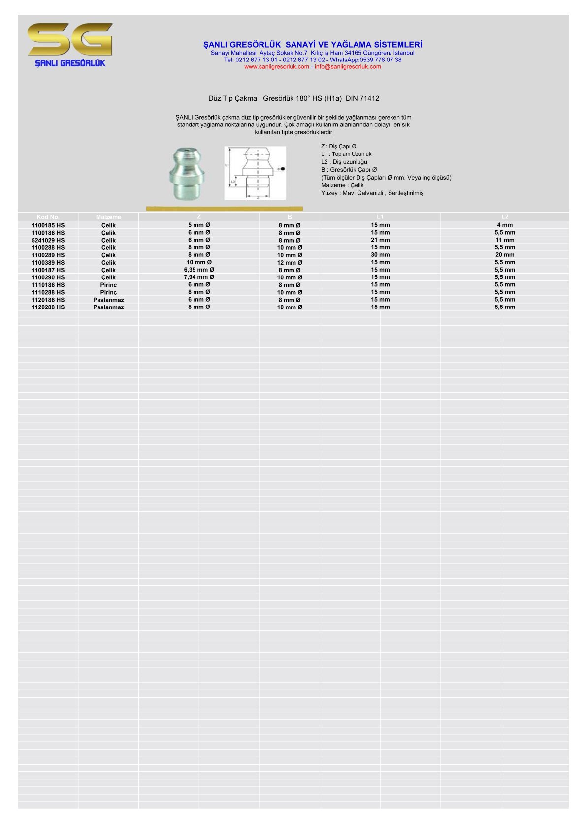 Gresörlük Çakma düz tip Çelik, (H1a) (180°) DIN 71412