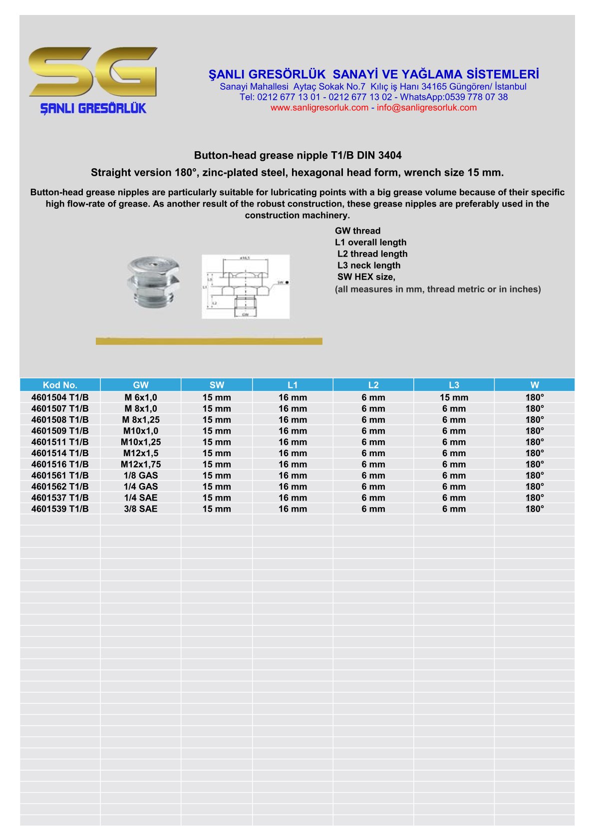 Button-head grease nipple T1/B DIN 3404