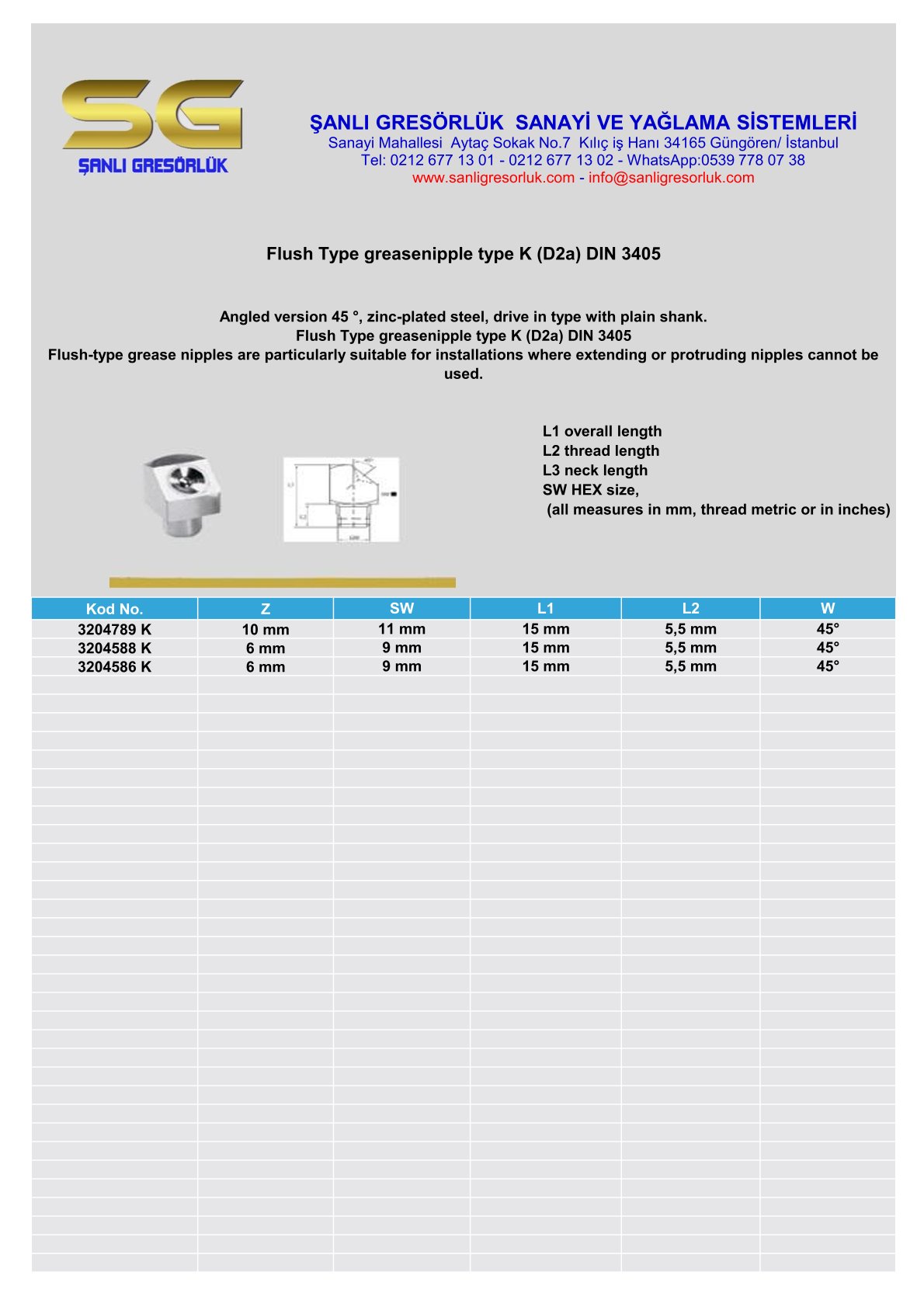 Flush Type greasenipple type K (D2a) DIN 3405