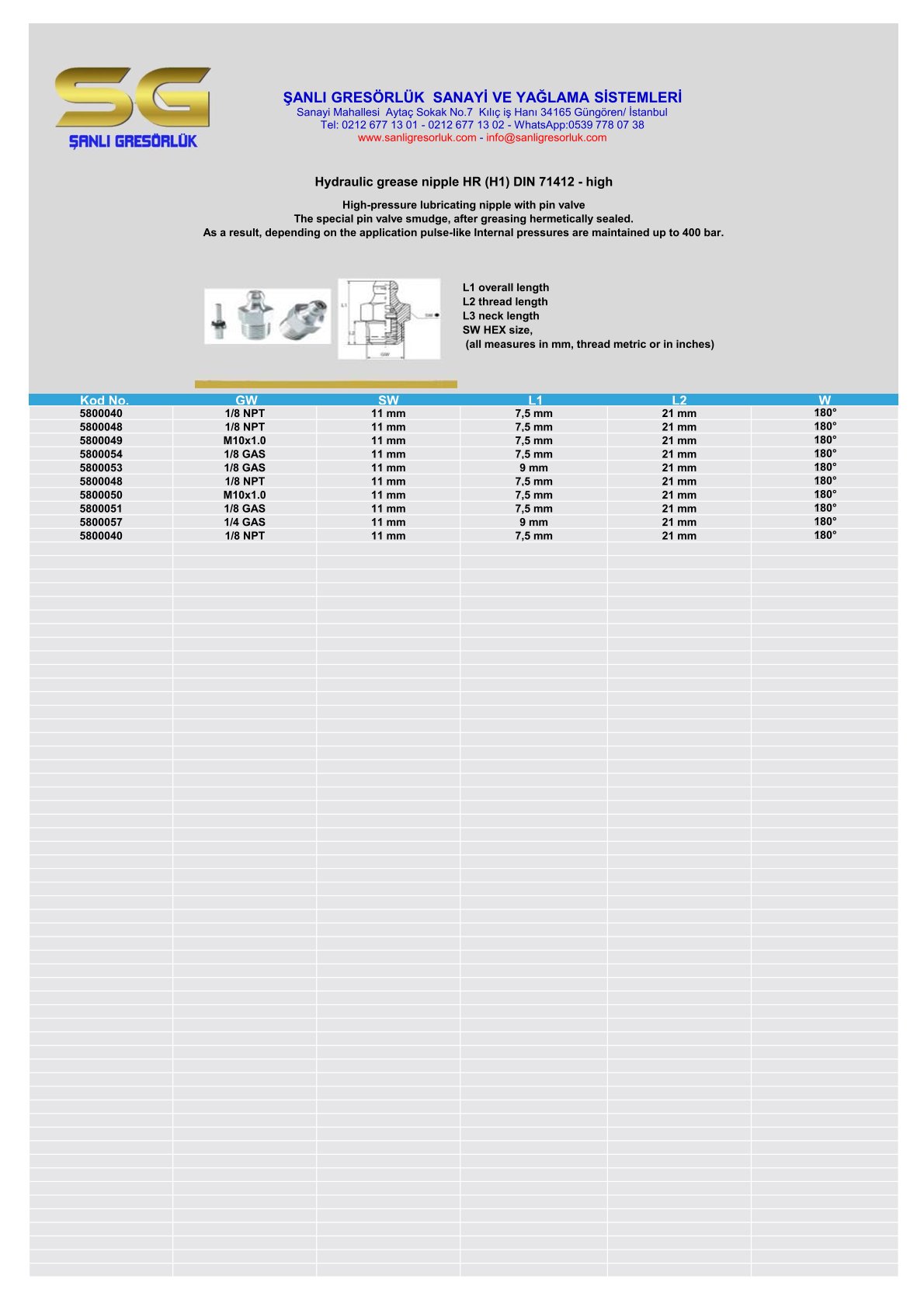 grease nipple HR (H1) DIN 71412 - high 180 °
